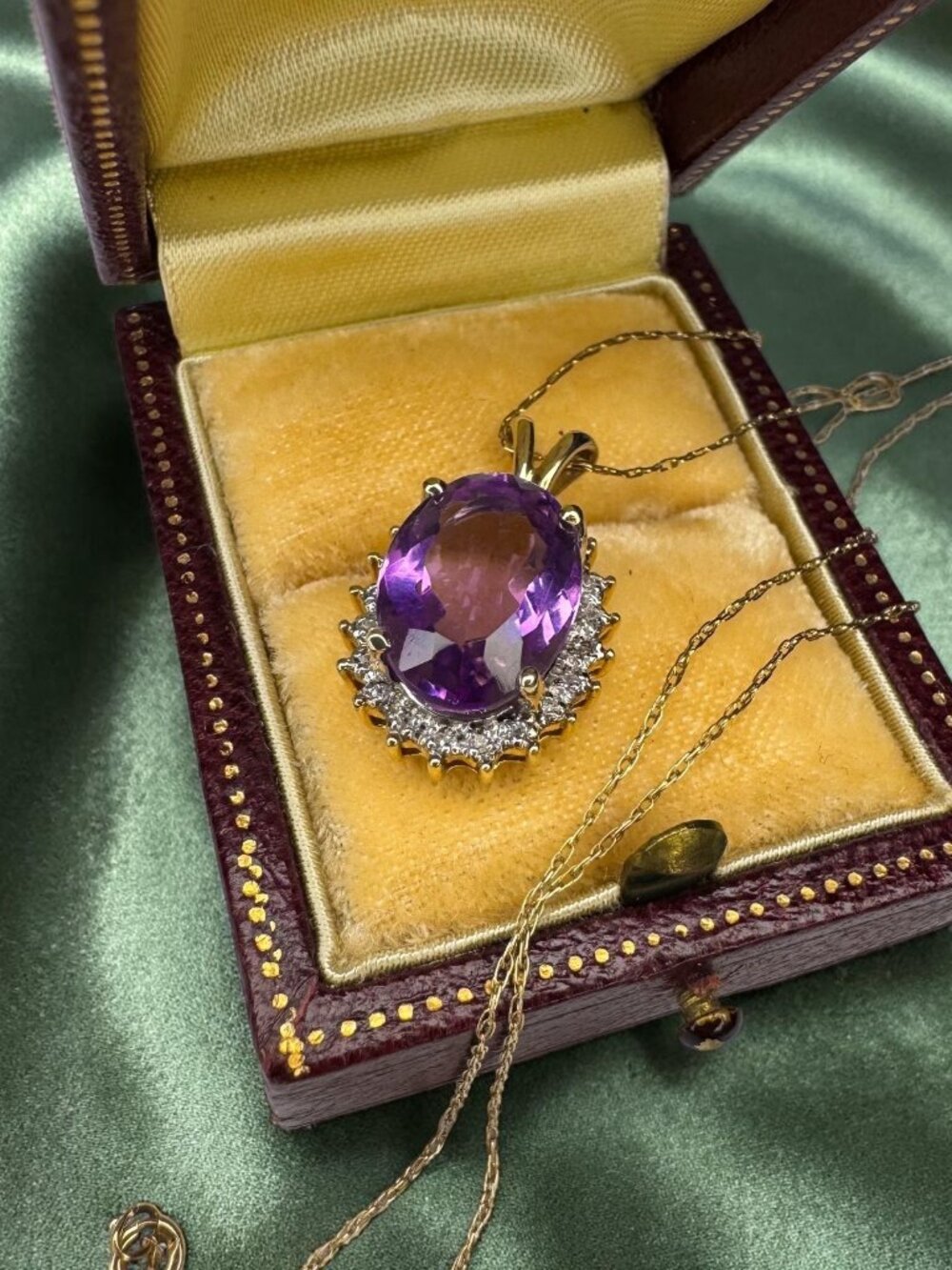 14K Gold Natural Amethyst Halo Diamond Necklace 20" Large 4.5ct Oval Cut Estate
